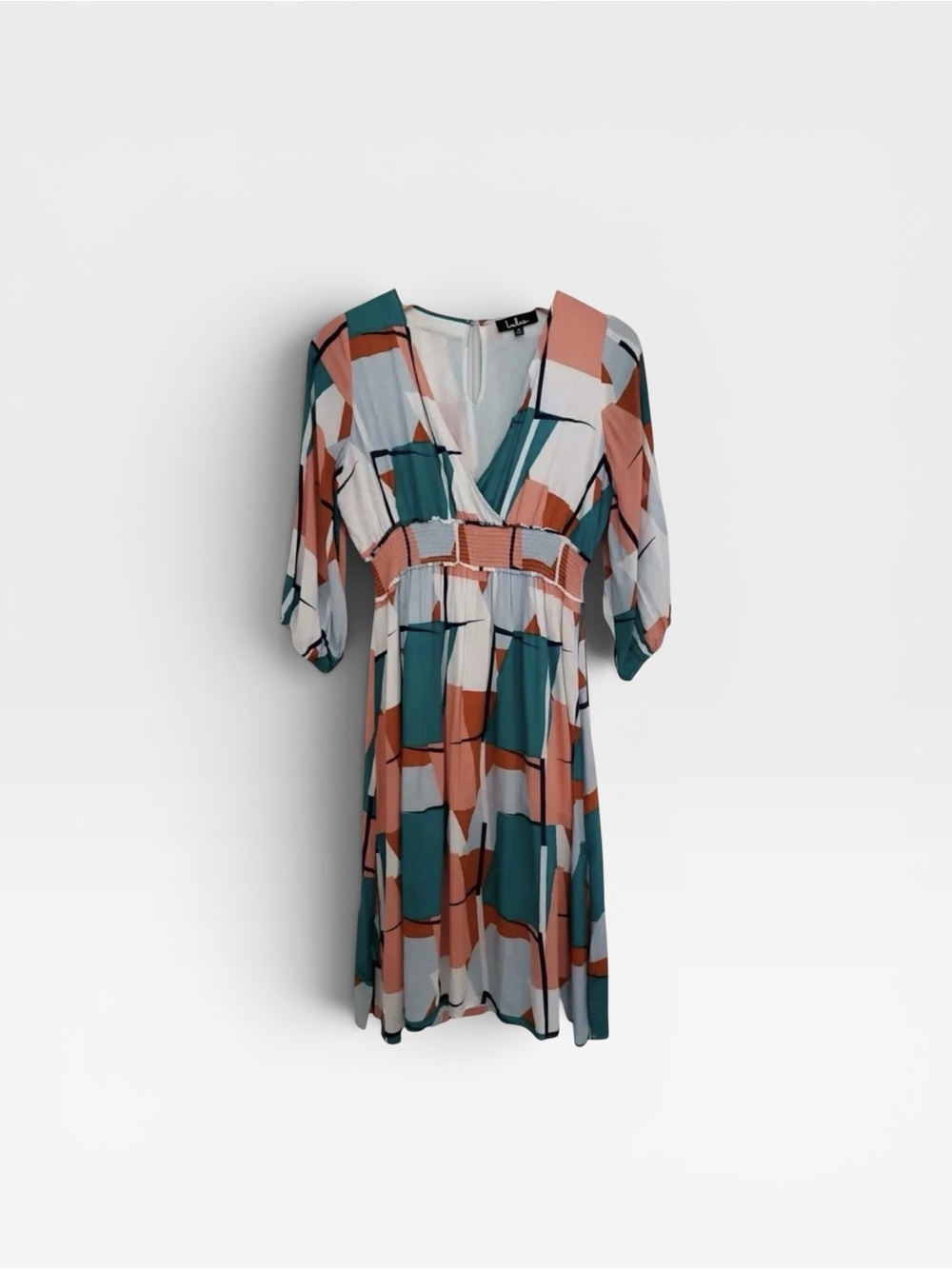 Lulu's Colorblock V-Neck Empire Waist Midi Dress - Teal, Coral & White